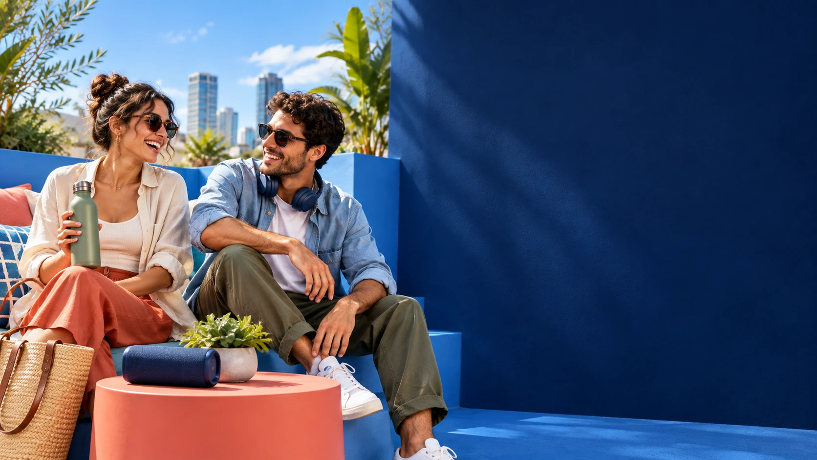 זוג צעיר במרפסת בגווני נייבי וכתום